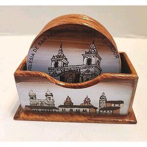 Wooden Set Of 6 Drink Coasters From Ecuador With Holder 6 Different Photos